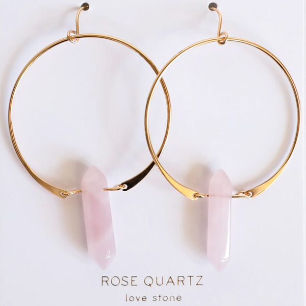 CIRCLE HOOP EARRINGS WITH DOUBLE POINTED ROSE QUARTZ