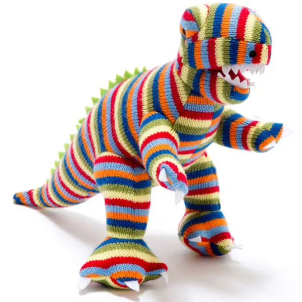 HAND KNITTED RATTLE - RAINBOW T-REX