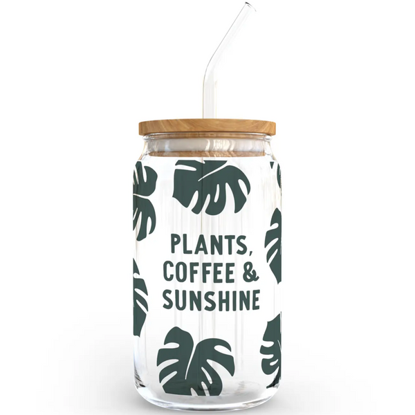GLASS CUP WITH STRAW - PLANTS COFFEE & SUNSHINE